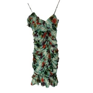 Betsy Johnson Y2K Size 2 Turquoise Floral Print Ruched Front Summer Mini Dress